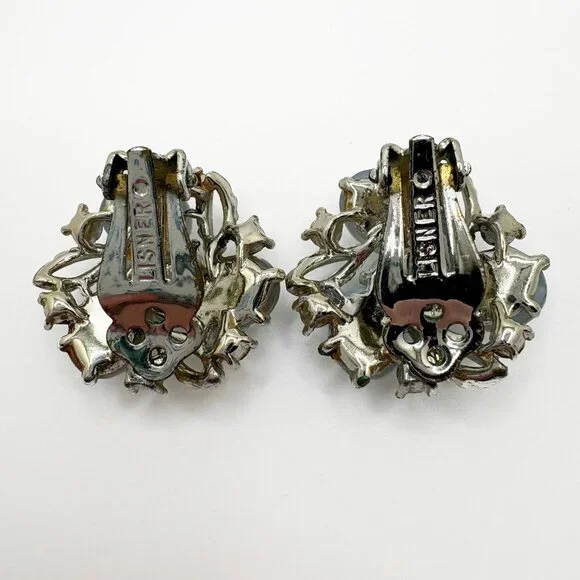 Vintage Lisner Blue Lucite Cabochon & Aurora Borealis Rhinestone Clip Earrings - Picture 4 of 4